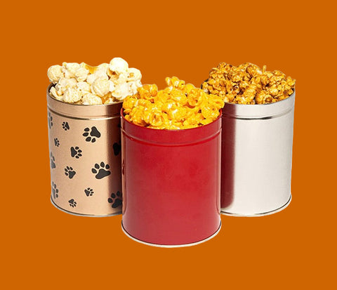 Three mini tin containers with popcorn. From left to right: a silver tin with a paw print pattern, a red tin, and a clear tin with a visible popcorn kernel inside.