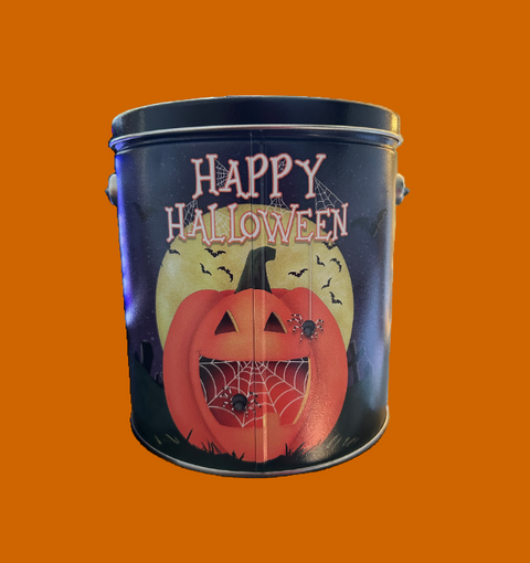 Halloween-themed bucket with a pumpkin design and 'Happy Halloween' text on a white background.