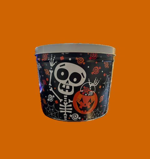 Halloween-themed container with skull and pumpkin design on a white background