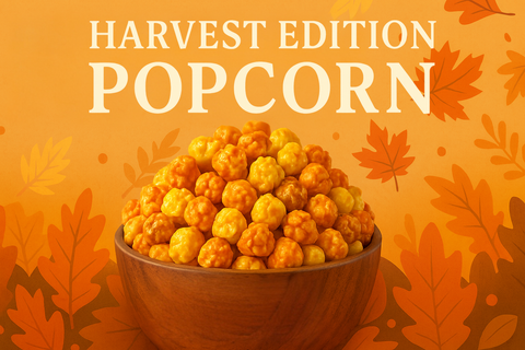Bowl of popcorn with 'Harvest Edition Popcorn' text on an orange background with autumn leaves.