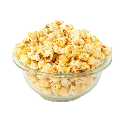 Clear glass bowl filled with popcorn on a white background