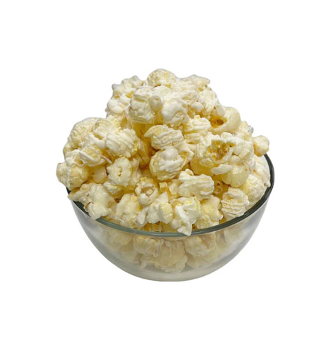 Clear glass bowl filled with popcorn on a white background